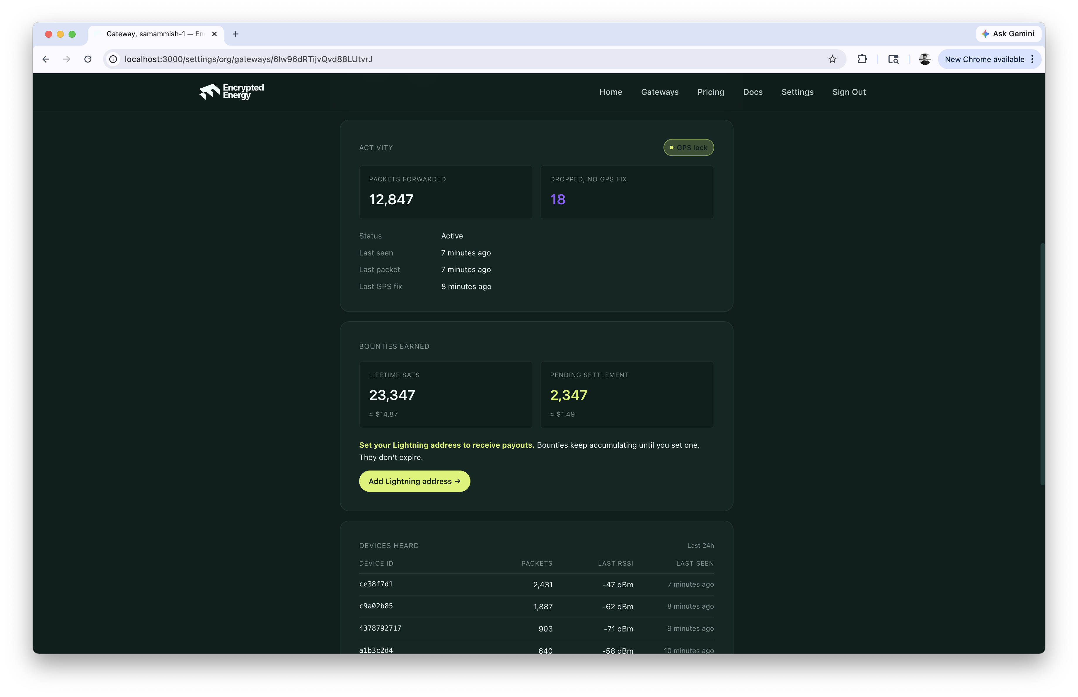 Encrypted Energy gateway dashboard showing GPS lock, packets forwarded, sats earned, and devices heard